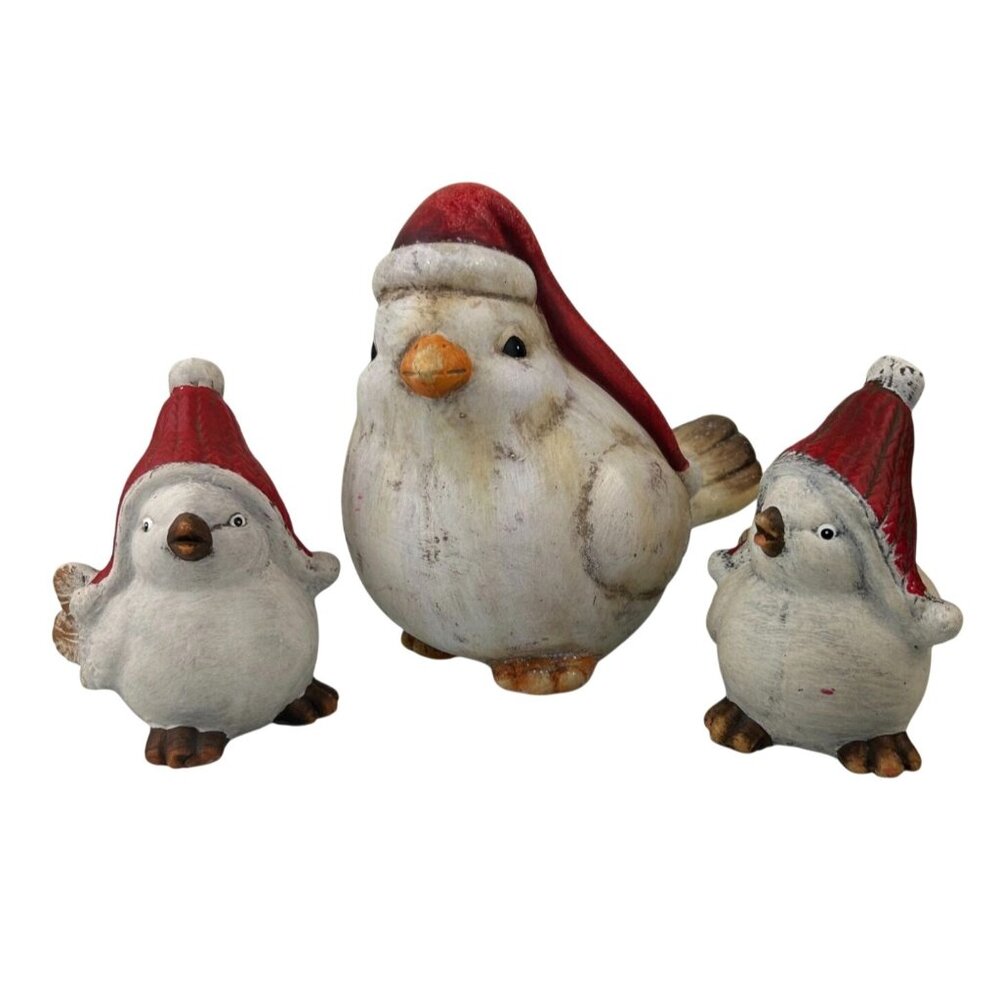 Christmas Chubby Birds Set of 3 Holiday Decoration Clay Terracotta Santa Hat